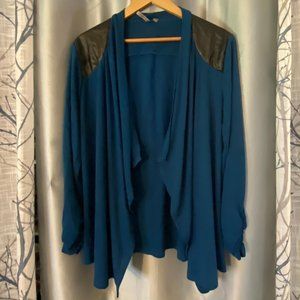 Faux Leather Teal Open Front Cardigan XL